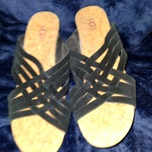 UGG platform cork with black straps on front.